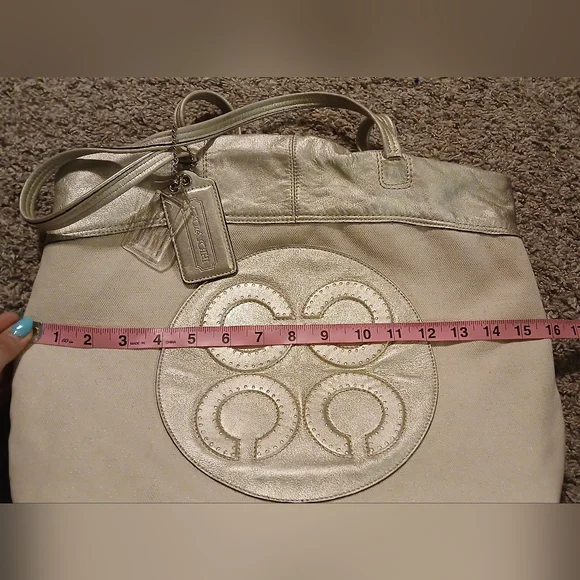 Coach Julia Perry Op Art Tote Ivory Shimmer Canvas Metallic Leather Bag EUC Rare - Picture 12 of 14
